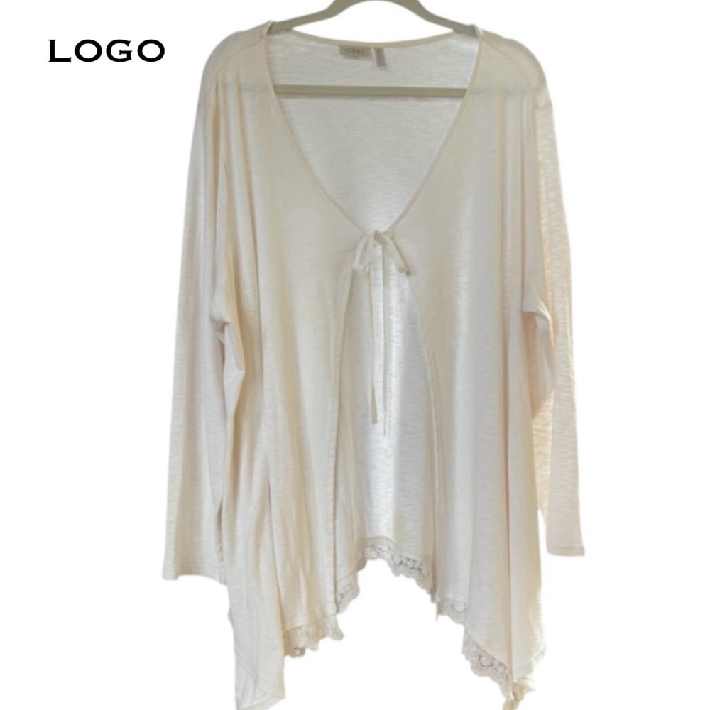 LOGO By Lori Goldstein Sweater Knit Cardigan with Crochet Hem. Ivory. Size 2X.